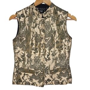 J. Peterman Womens Vintage Silk Black Gold Metallic Mandarin Collar Vest Size 2